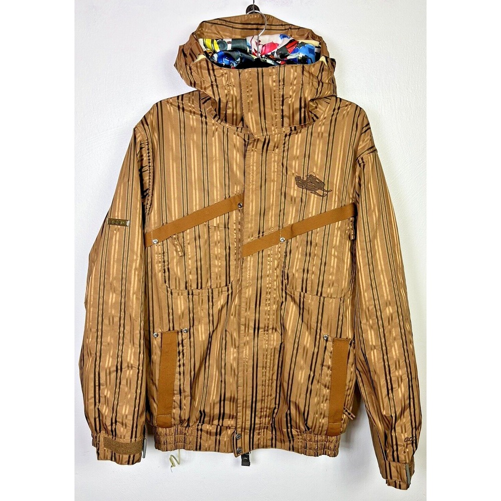 686 Snowboard Ski Jacket Embroidered Brown Men's S Hooded Shoulder Straps SWEET!